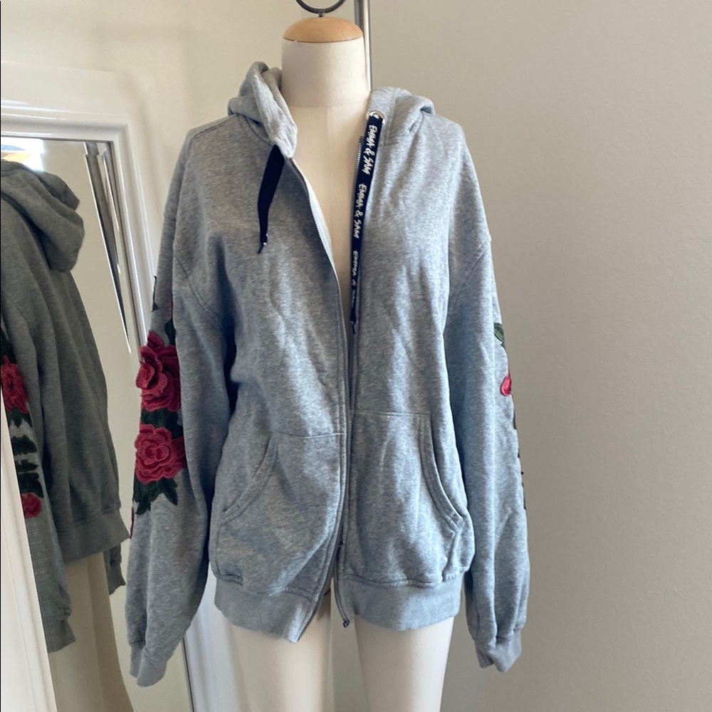 Emma & Sam Gray Zip-Up Hoodie with Red Rose Embroidery